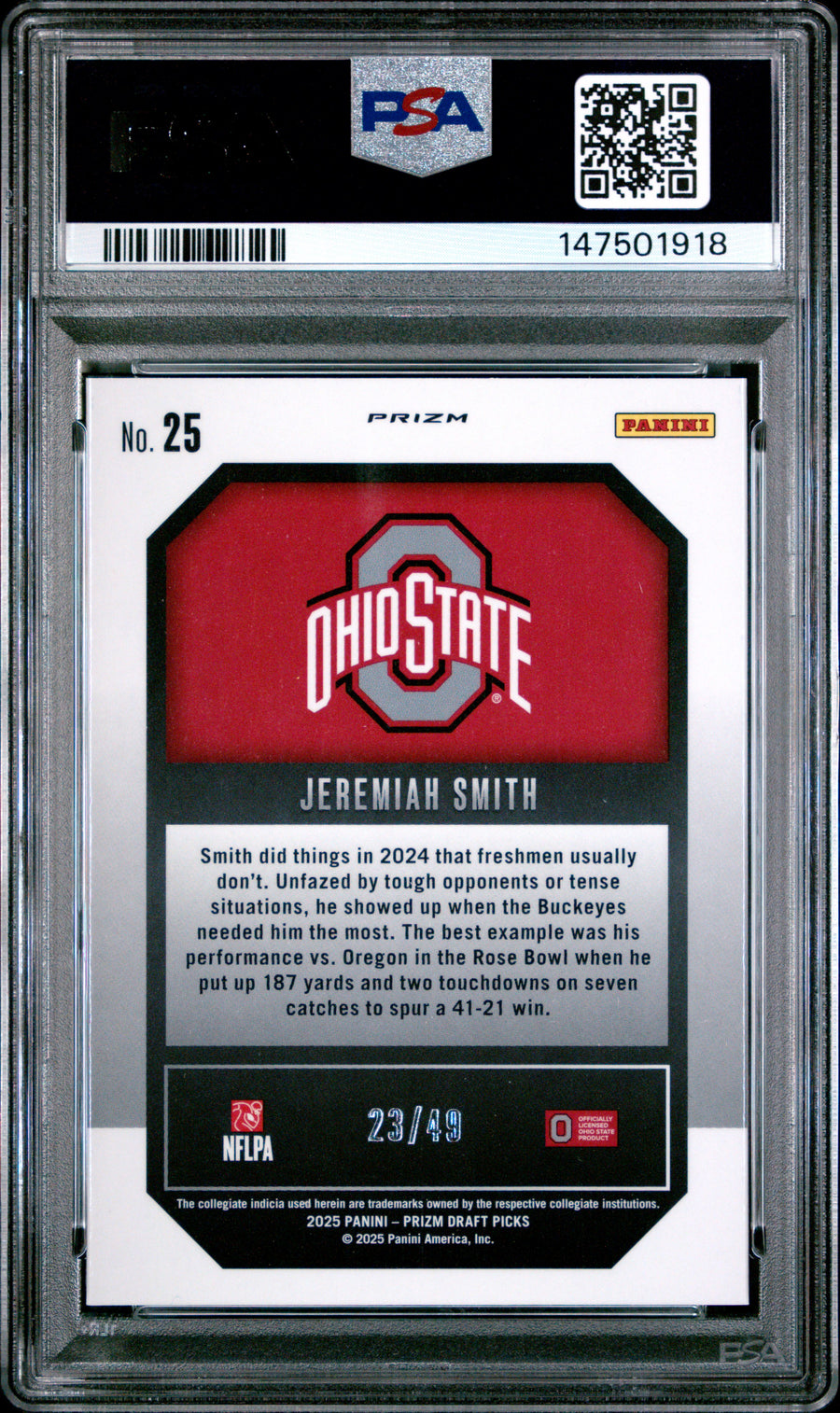 2025 Panini Prizm Draft Picks #25 Jeremiah Smith Green Pulsar PSA 10 #/49