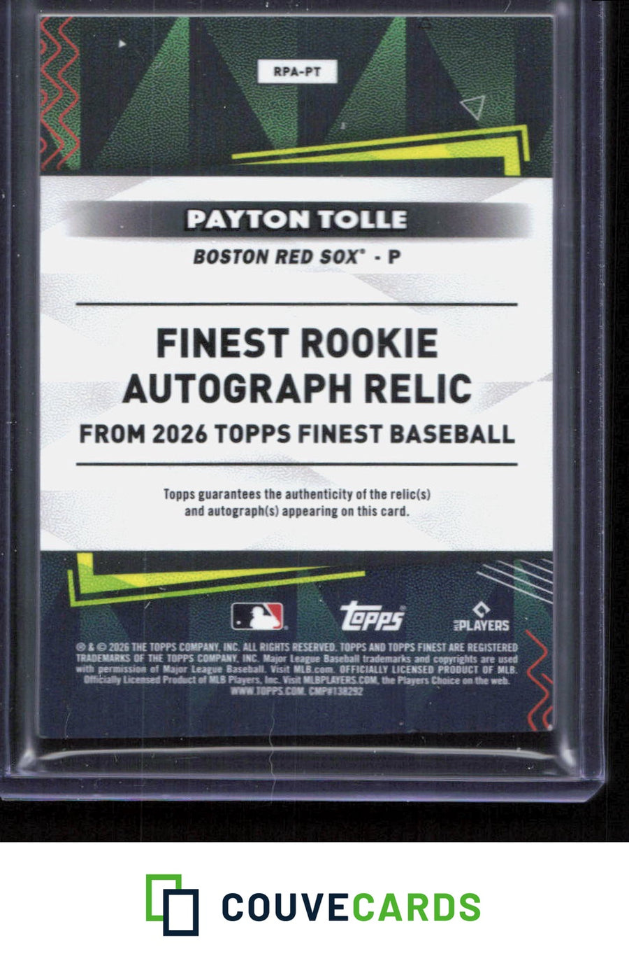 2026 Finest #RPA-PT Payton Tolle Finest Rookie Patch Autographs Green #/99