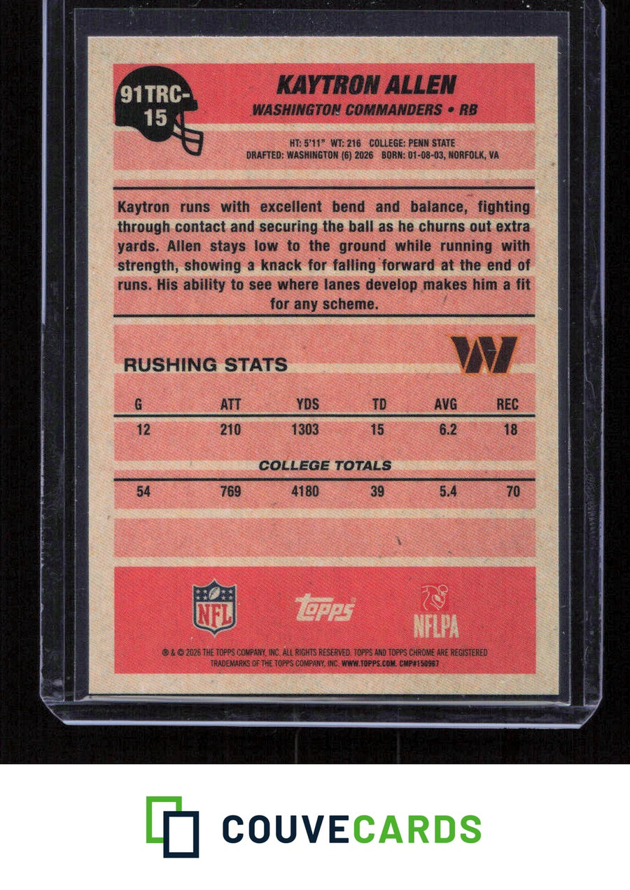2026 Topps Flagship #91TR-15 Kaytron Allen 1991 Topps Rookies Mojo Refractor