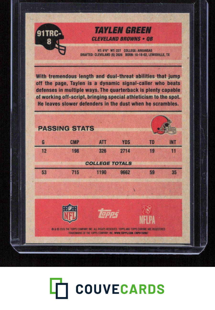 2026 Topps Flagship #91TRC-8 Taylen Green 1991 Topps Football Mojo Refractor