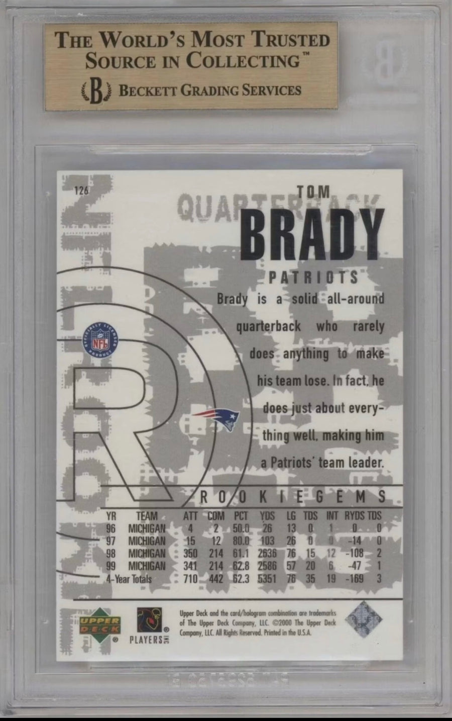 2000 Upper Deck Black Diamond #126 Tom Brady BGS 9.5