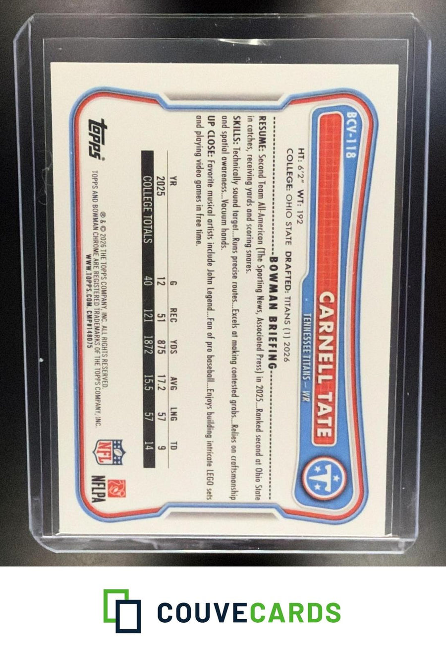 Carnell Tate 2026 Bowman #BCV-118 Chrome Neon Green Refractor