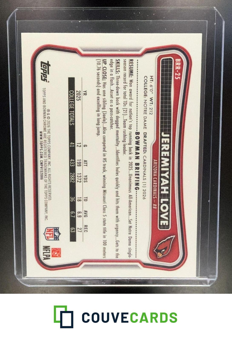 Jeremiyah Love 2026 Bowman #BRR-25 Chrome Rookie Red RC Logo