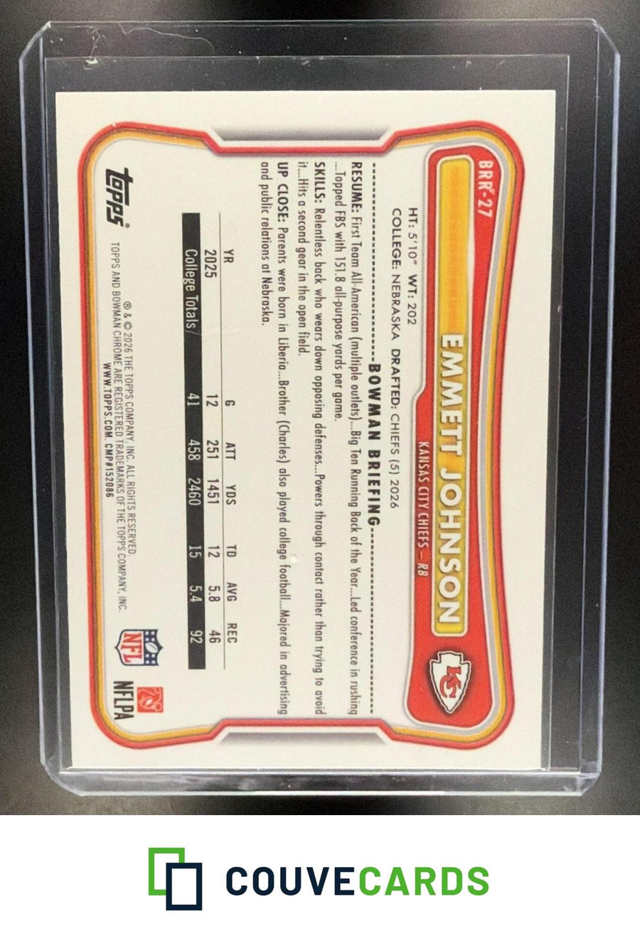 Emmett Johnson 2026 Bowman #BRR-27 Chrome Rookie Red RC Logo