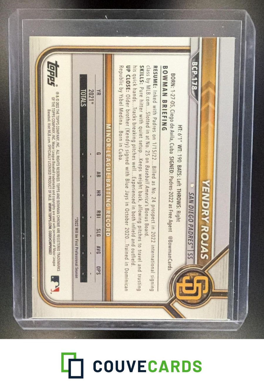 Yendry Rojas 2022 Bowman Chrome #BCP-178 Prospects