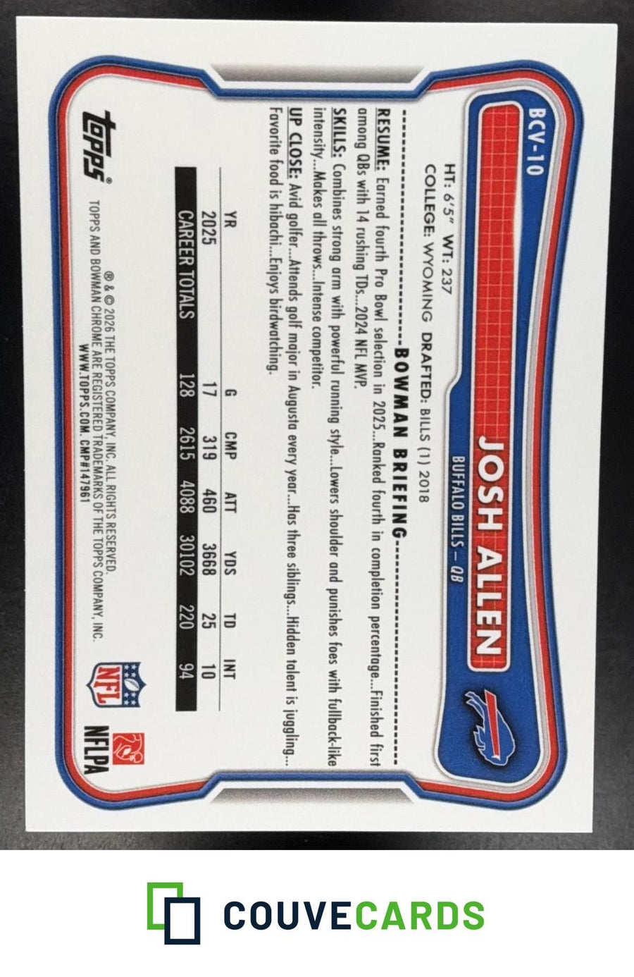 Josh Allen 2026 Bowman #BCV-10 Chrome Aqua Mojo Refractor