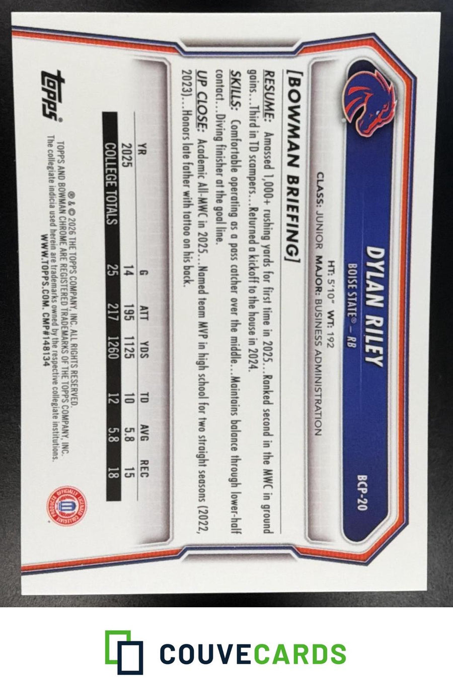 Dylan Riley 2026 Bowman #BCP-20 Chrome Prospects Mojo Refractor