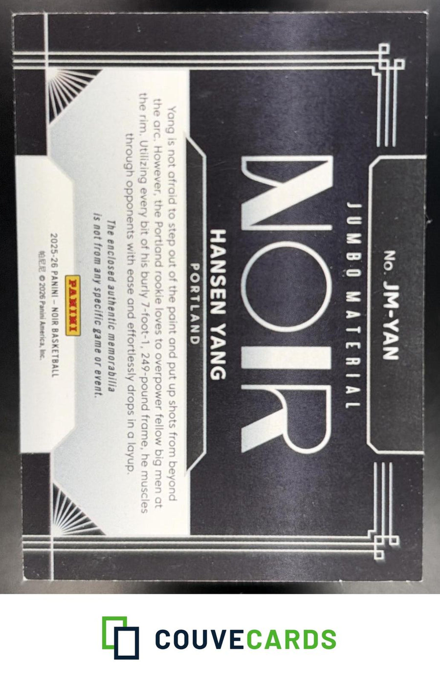 Hansen Yang 2025-2026 Panini Noir #JM-YAN Jumbo Matrial NOIR Patch #/25