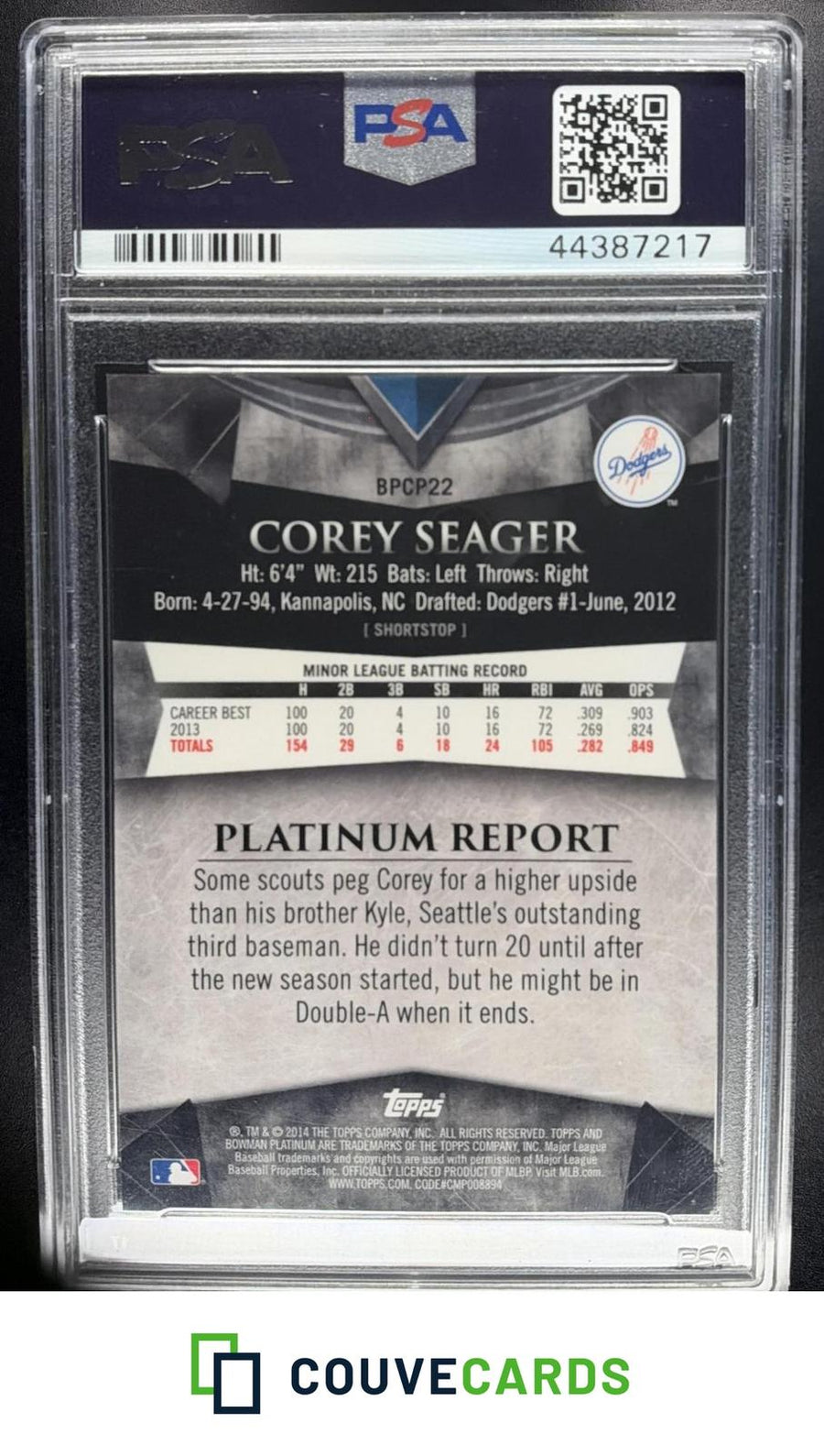 Corey Seager 2014 Bowman Platinum #BPCP22 Chrome Prospects Refractor /399 PSA 9