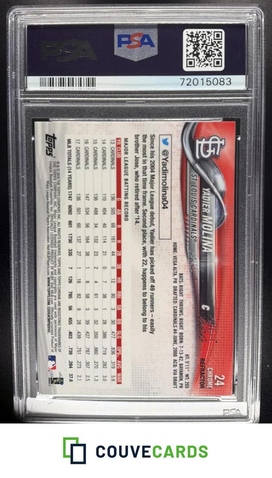 Yadier Molina 2018 Topps Chrome #24 Pink Refractor PSA 10