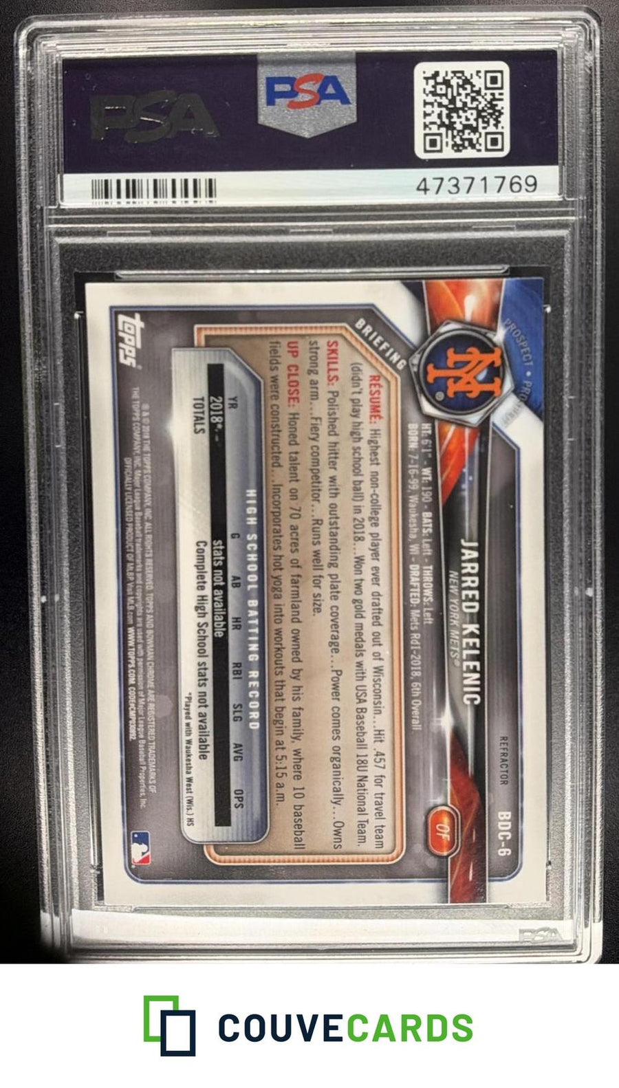 Jarred Kelenic 2018 Bowman Draft #BDC-6 Chrome Refractor PSA 10