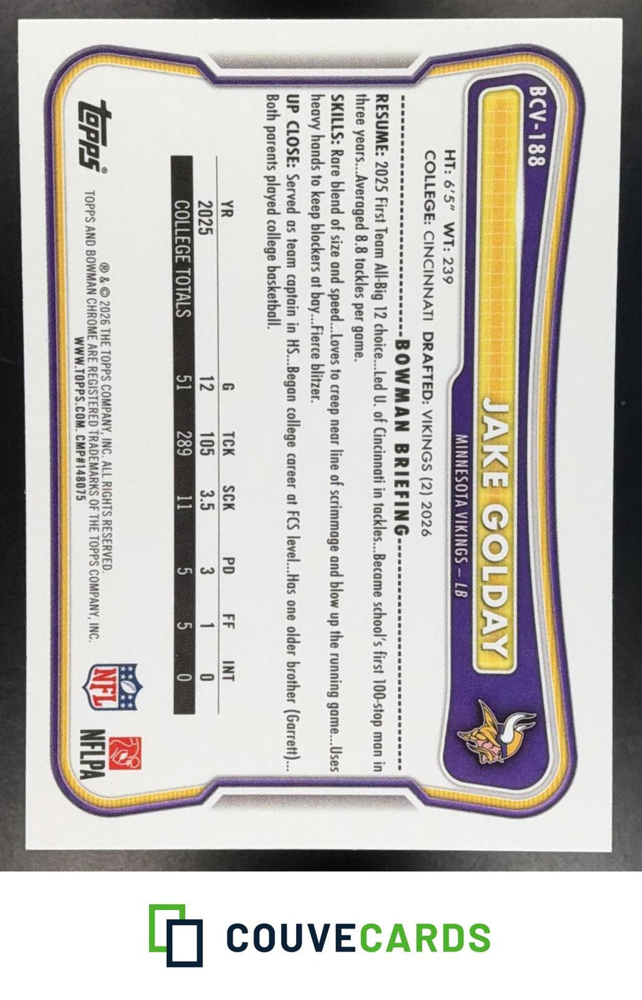 2026 Bowman #BCV-188 Jake Golday Steel Metal Refractor #/100