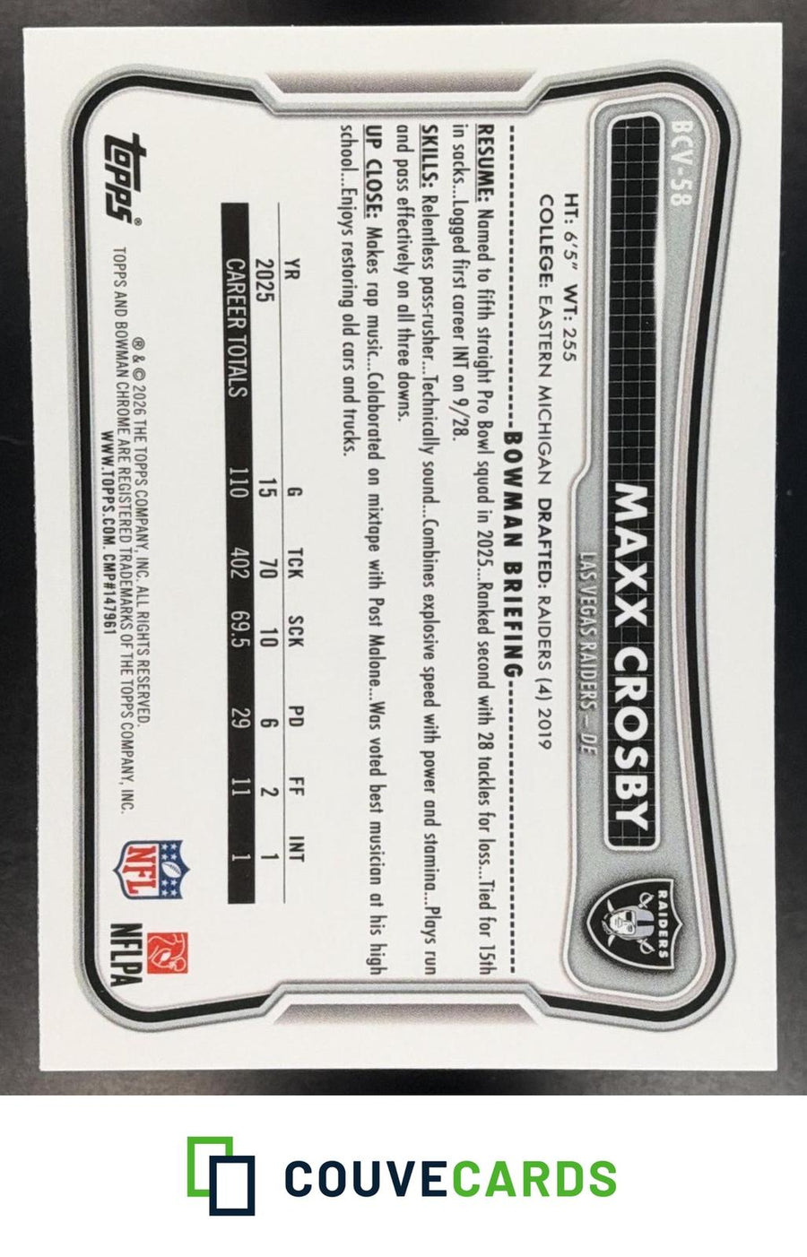 2026 Bowman #BCV-58 Maxx Crosby Green Gridiron Refractor #/125