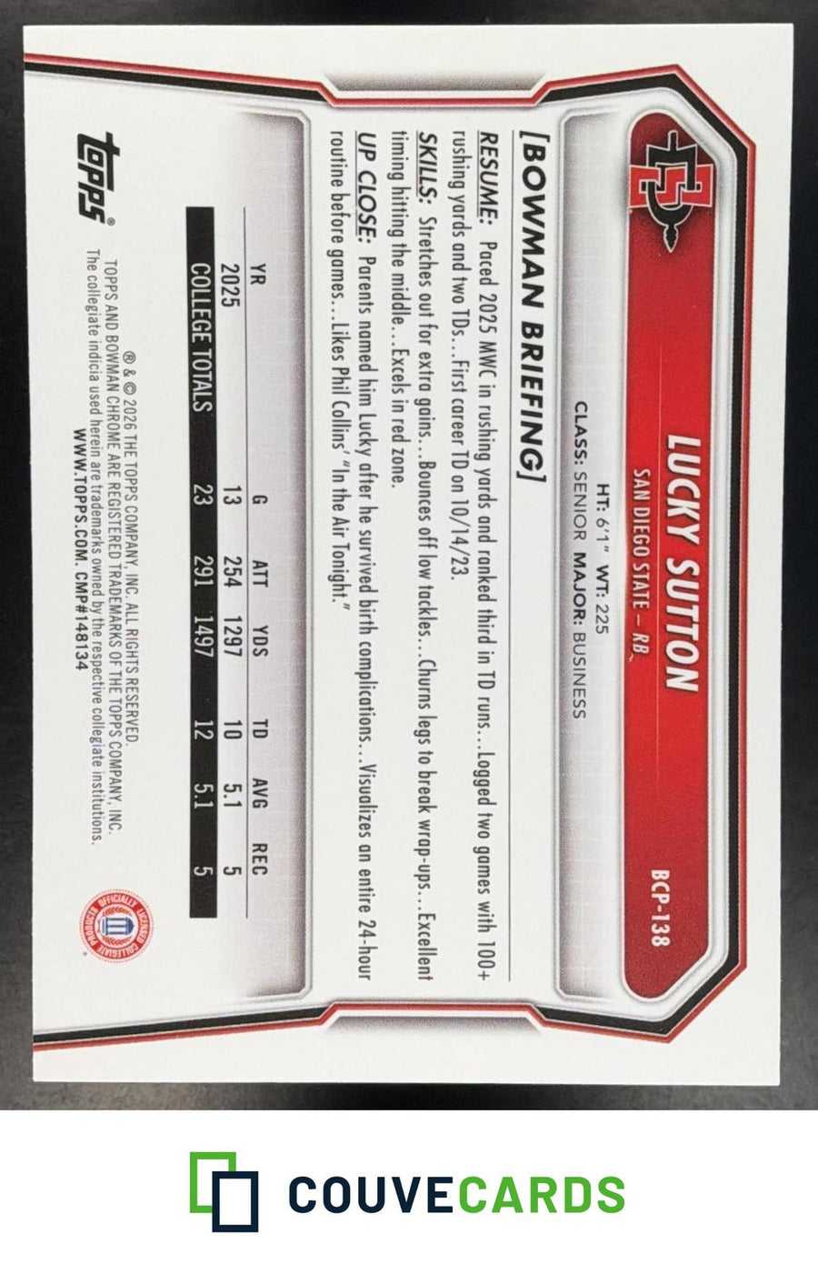 Lucky Sutton 2026 Bowman #BCP-138 Chrome Prospects Speckle