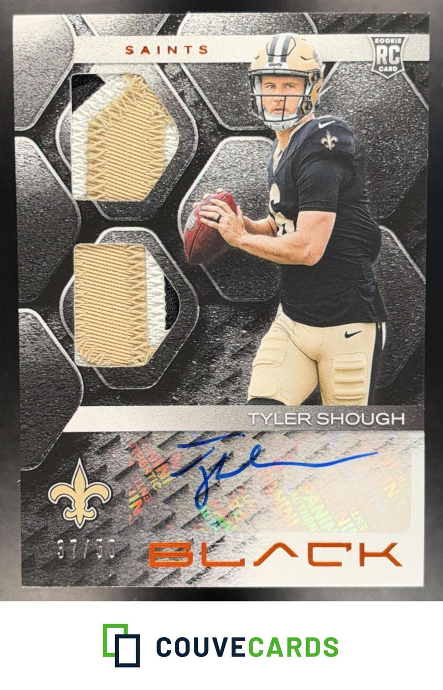 Tyler Shough 2025 Panini Black #RSM-TSH Rookie Materials Citrine AU #/50