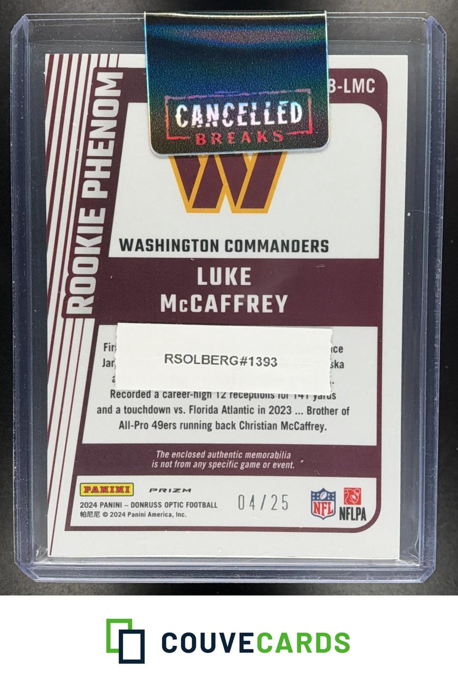 Luke McCaffrey 2024 Donruss Optic #RPB-LMC Rookie Phenoms Black Pandora #/25