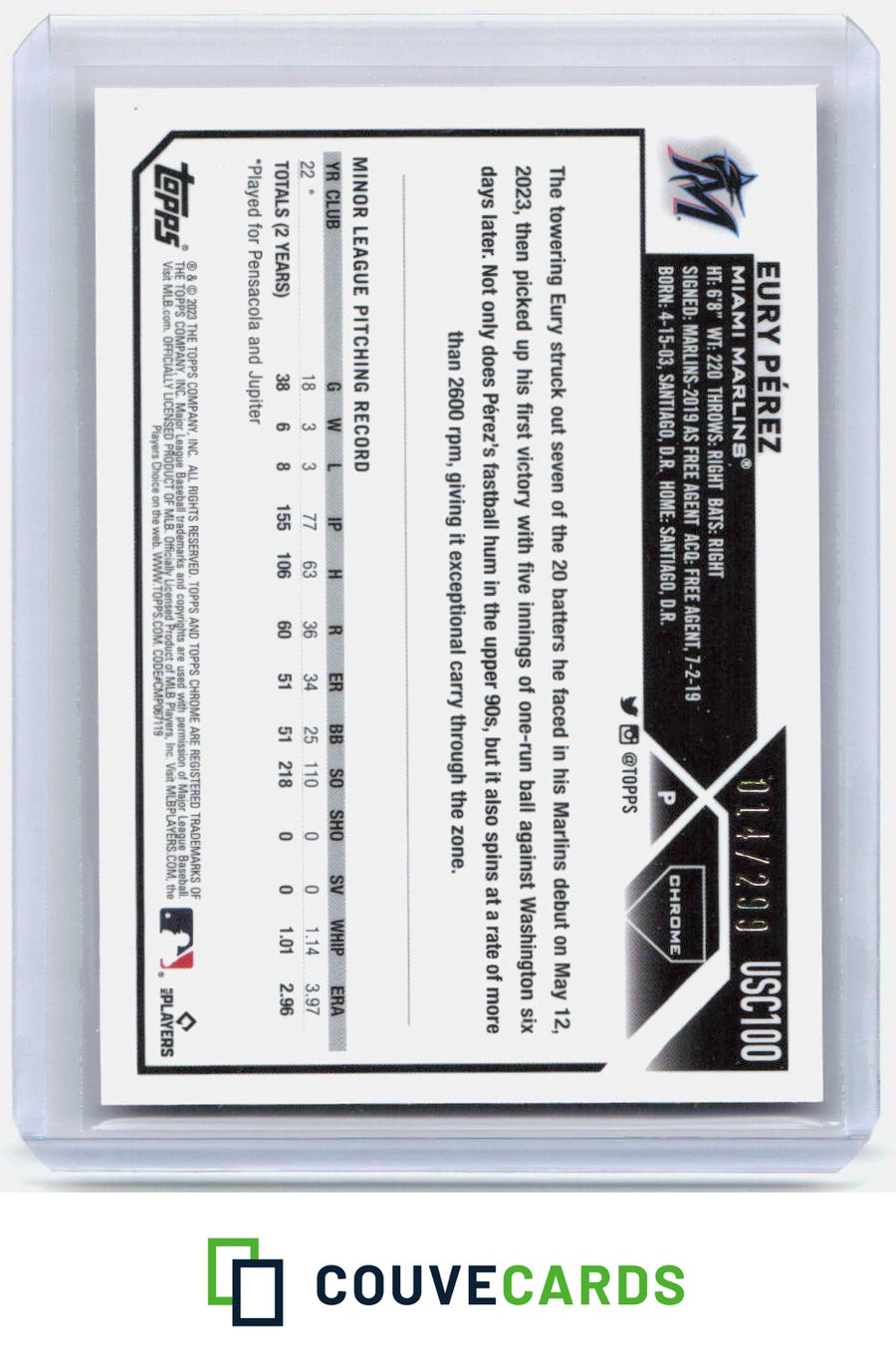 Eury Pérez 2023 Topps Chrome Update #USC100 Magenta/Purple Lava Lamp RC #/299