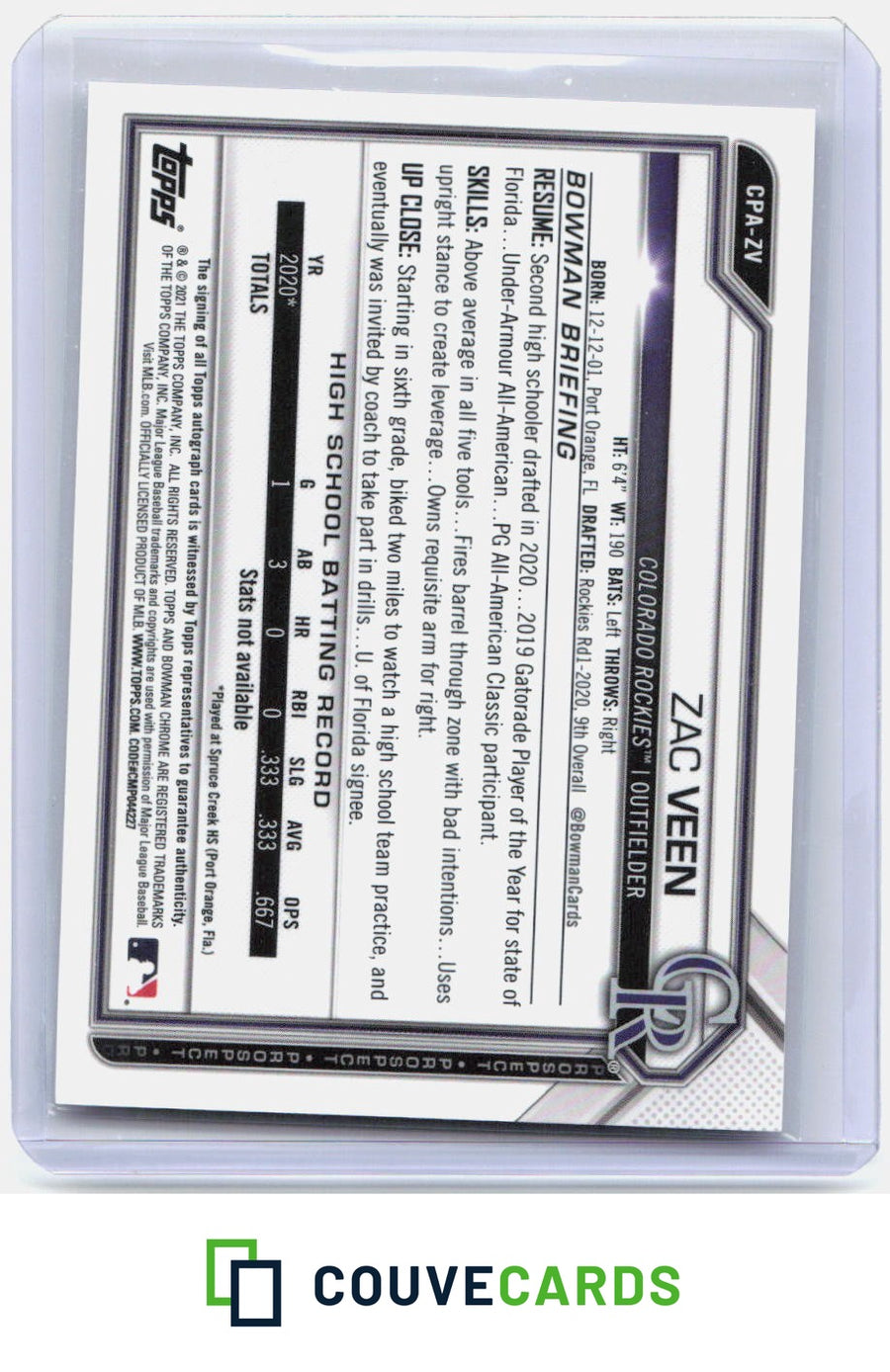 Zac Veen 2021 Bowman #CPA-ZV Chrome Prospect Autographs Refractor AU #/100