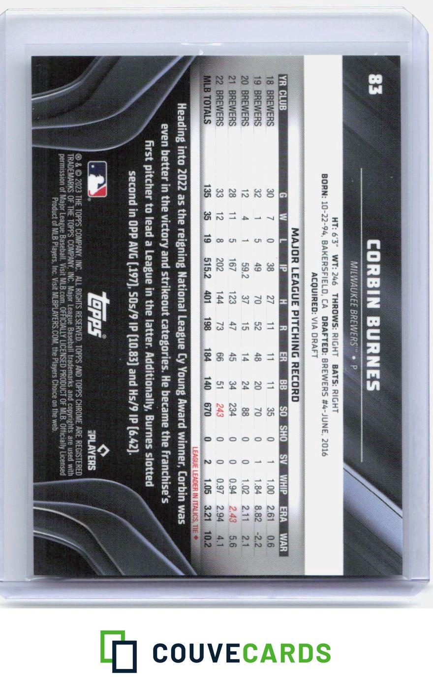 Corbin Burnes 2023 Topps Chrome Black #83 Purple Mini-Diamond Refractor #/150