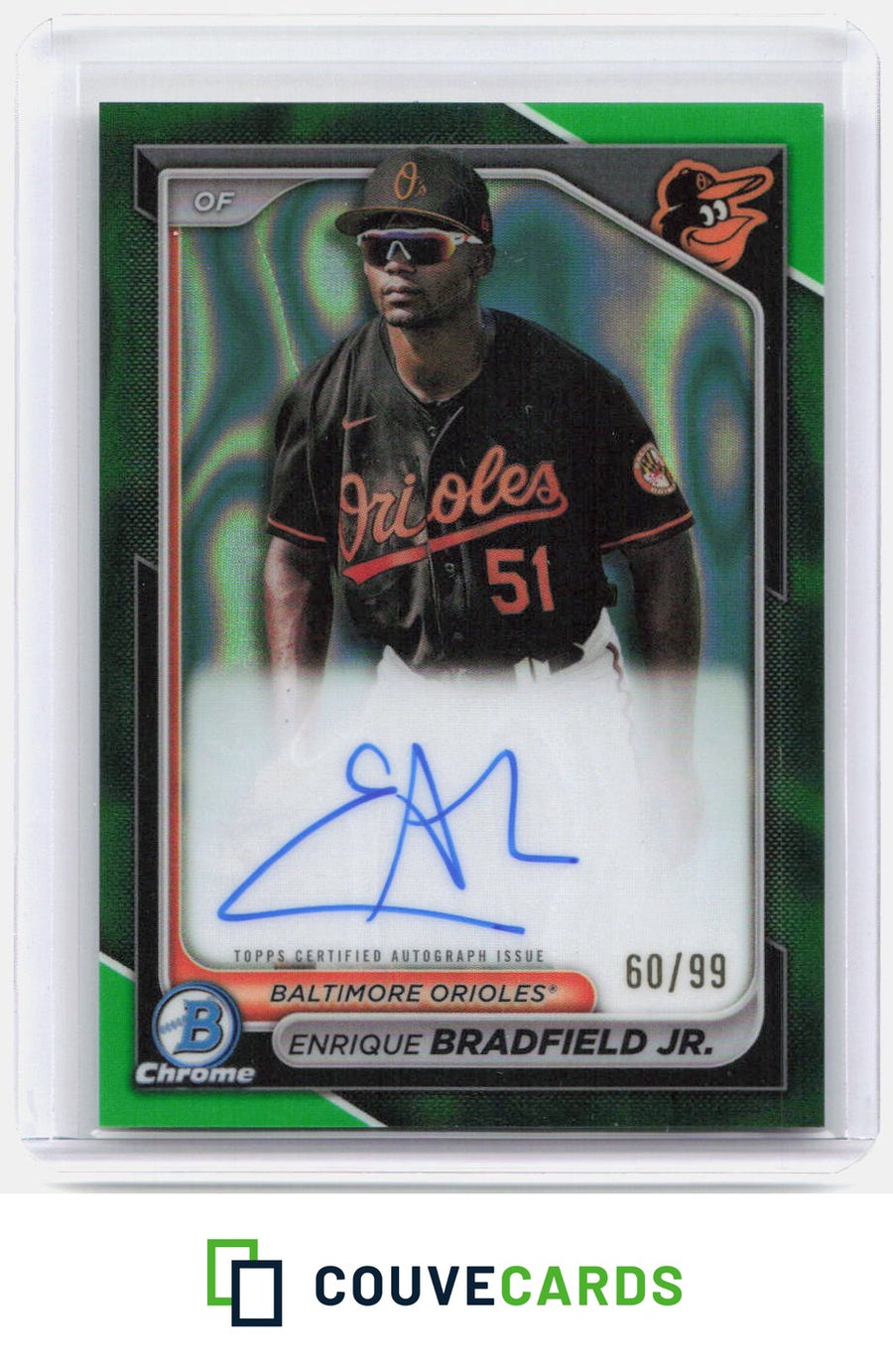 Enrique Bradfield Jr. 2024 Bowman #CPA-EBR Chrome Green Shimmer Refractor AU /99
