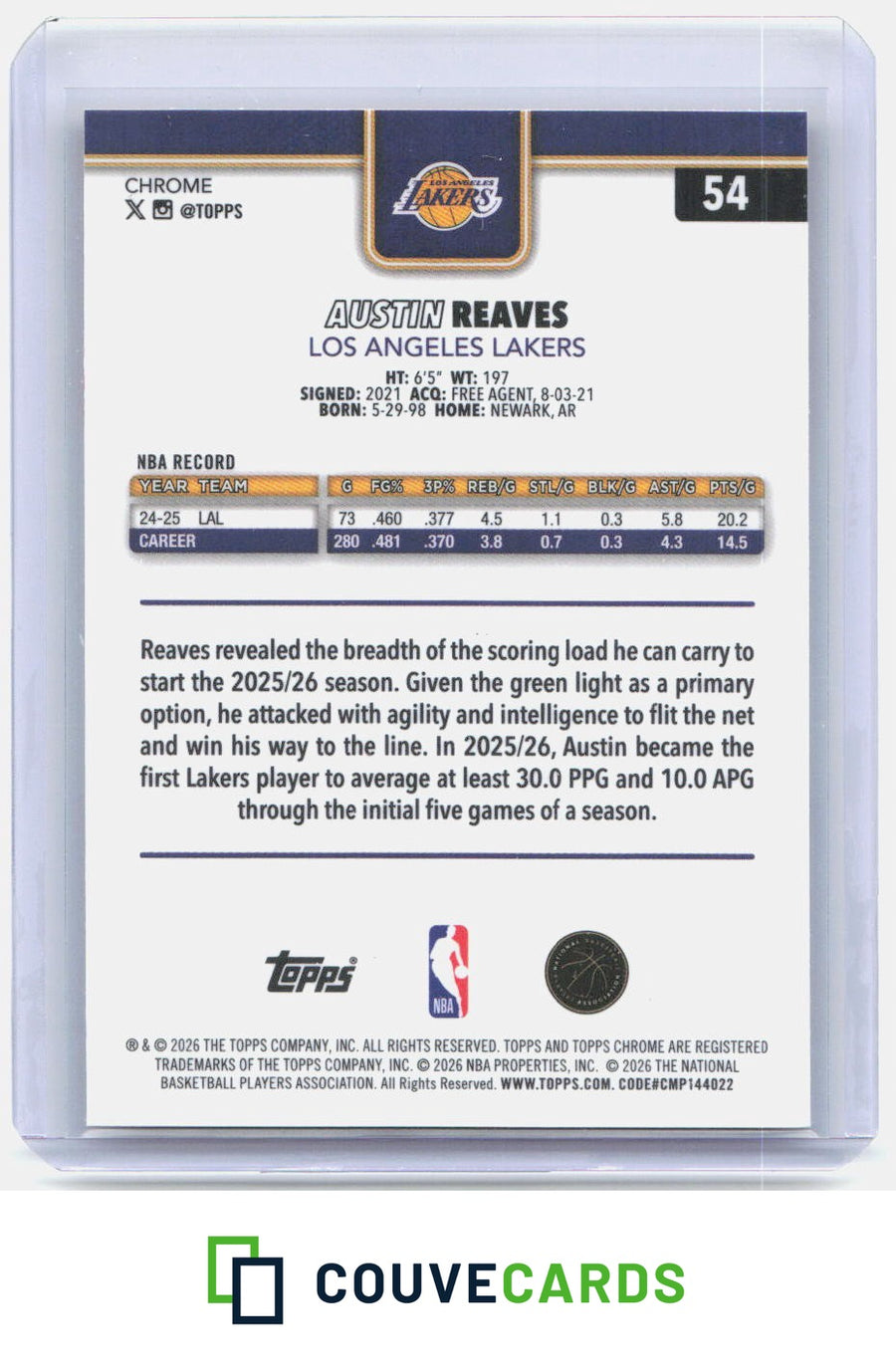 Austin Reaves 2025-26 Topps Chrome Update #54 Red White and Blue Refractor