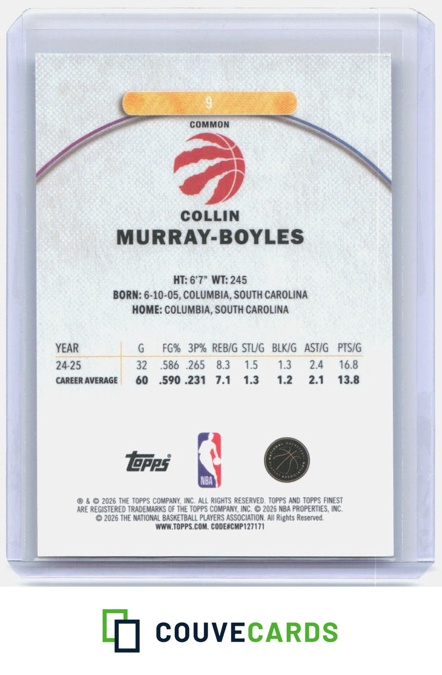 Collin Murray-Boyles 2025-26 Finest #9 Sky Blue Refractor RC #/350