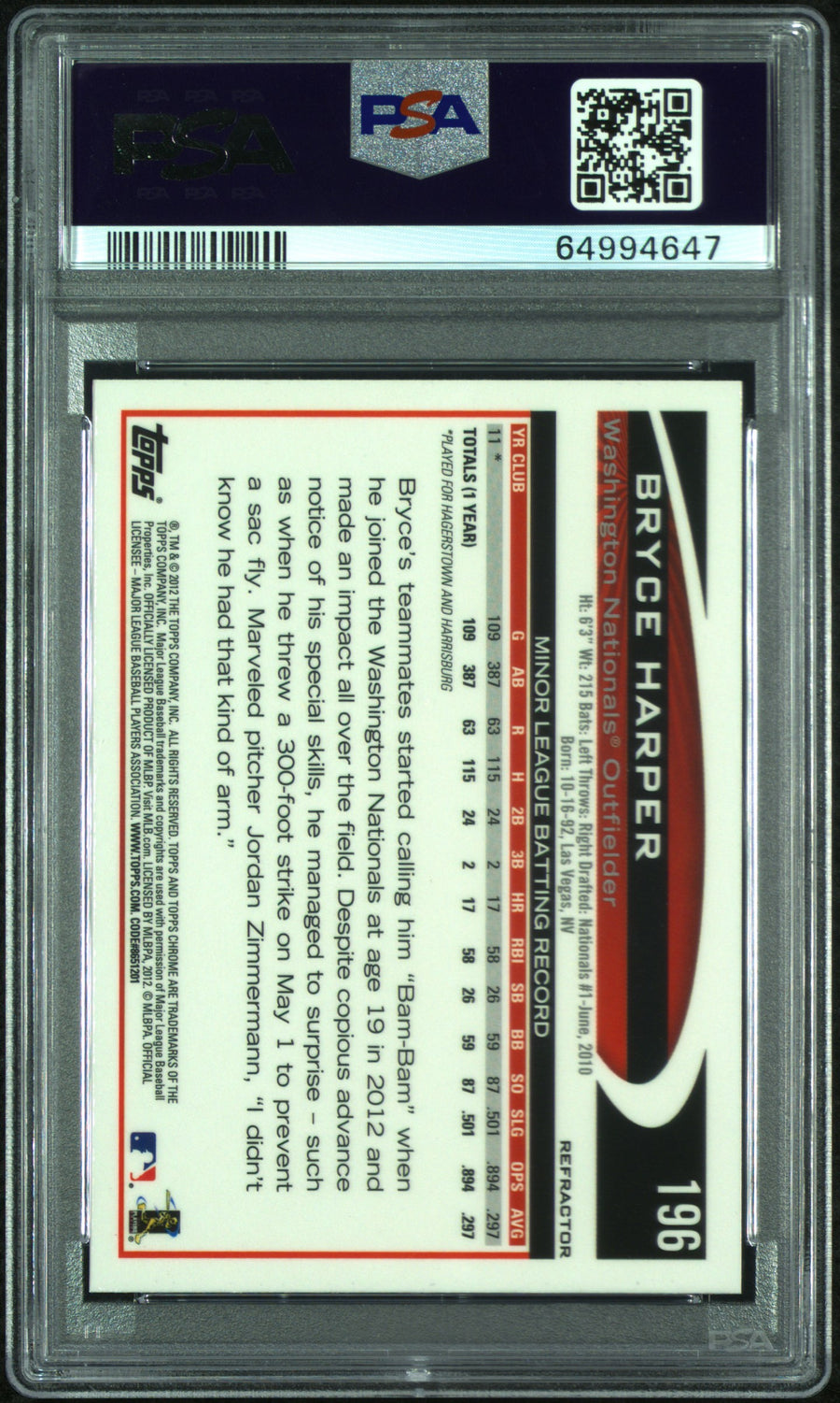 2012 Topps Chrome #196 Bryce Harper Purple Refractors PSA 10