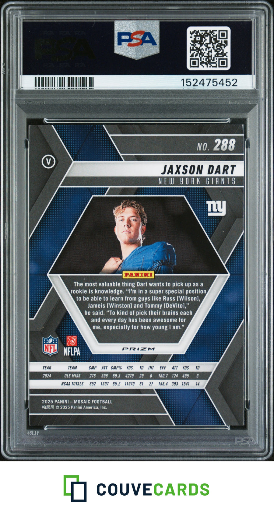 2025 Panini Mosaic #288 Jaxson Dart Purple Scope PSA 10