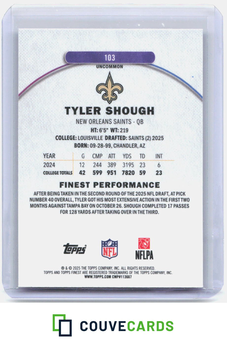 2025 Finest #103 Tyler Shough Purple Refractor #/200