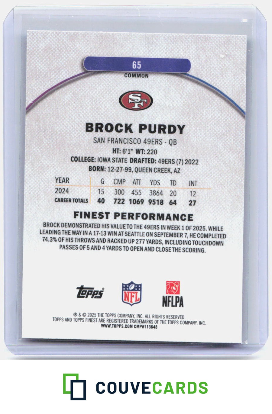 2025 Finest #65 Brock Purdy Blue X-Fractor #/99