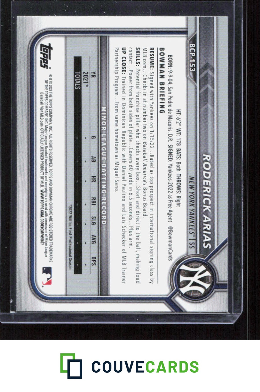 2022 Bowman Chrome #BCP-153 Roderick Arias Prospects Shimmer Refractor