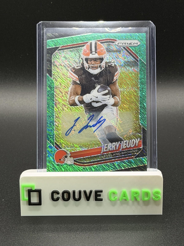 2025 Panini Prizm #146 Jerry Jeudy Prizm Autographs Green Shimmer #/5