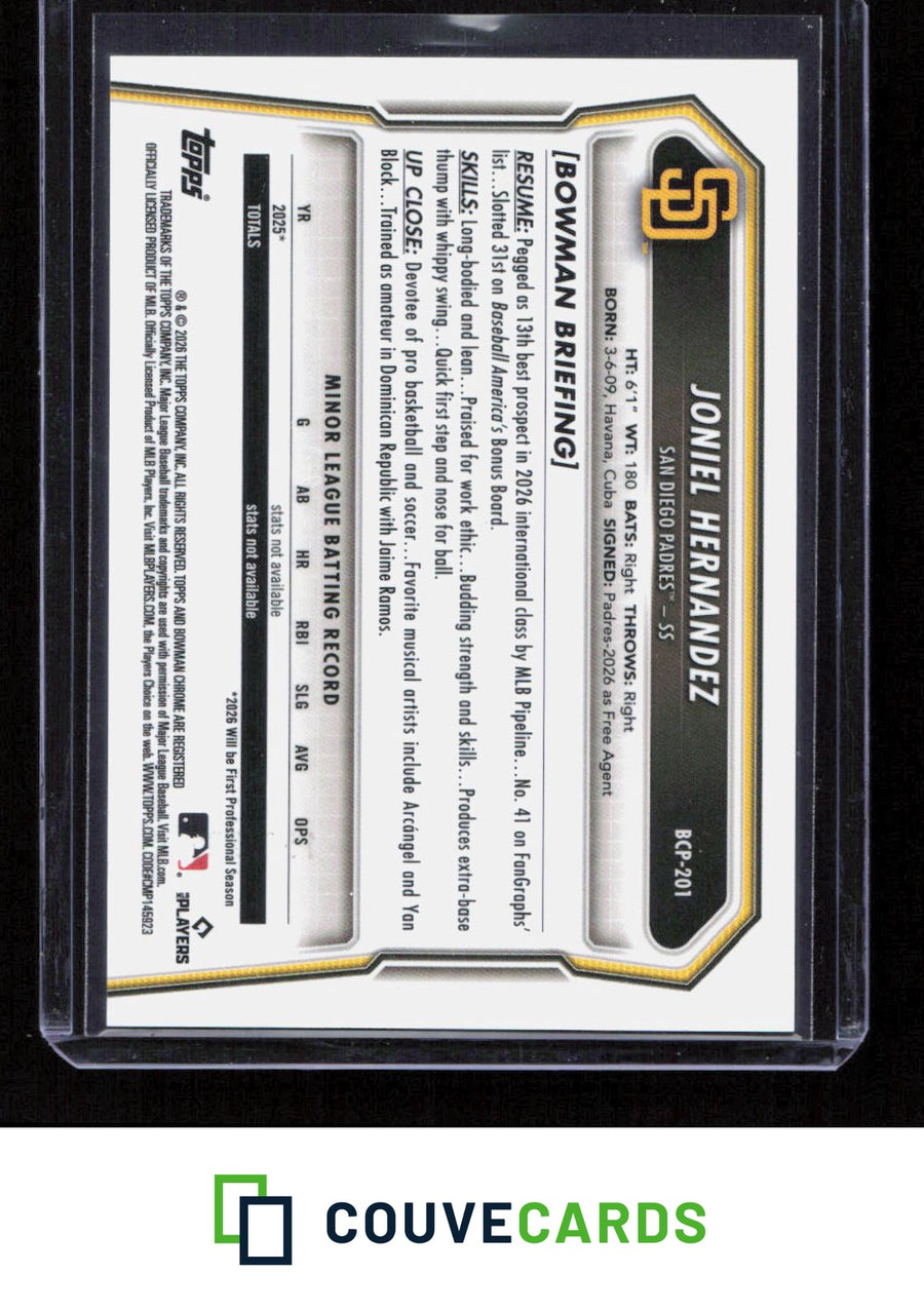 2026 Bowman Chrome #BCP-201 Joniel Hernandez 1st Chrome #/299