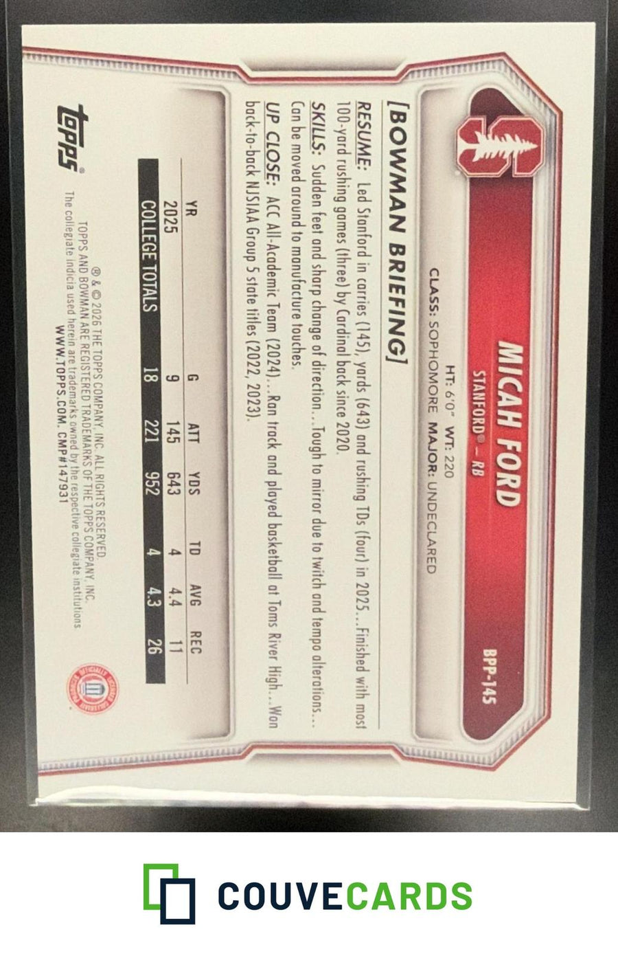 Micah Ford 2026 Bowman #BPP-145 Prospects Aqua