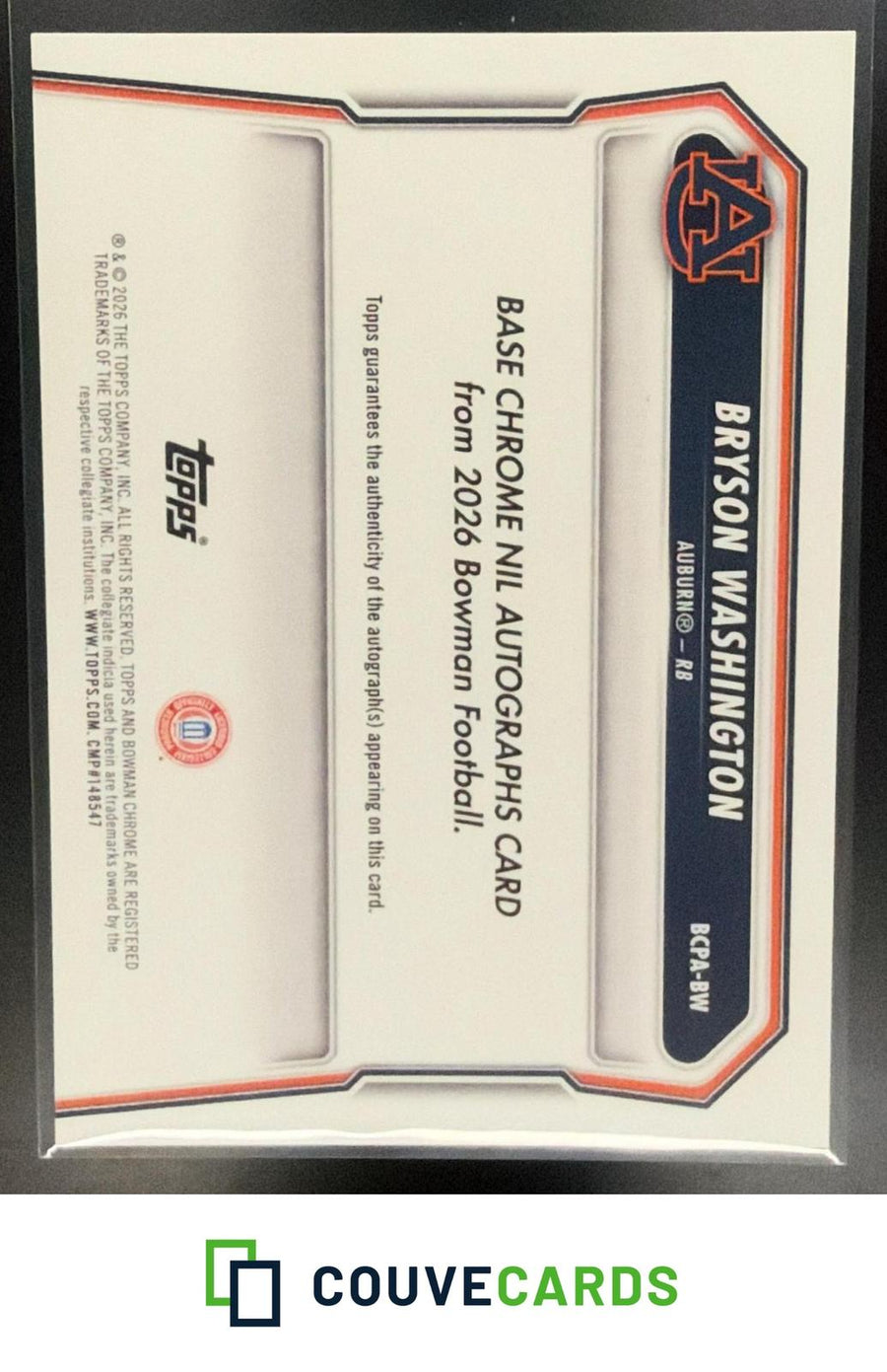 Bryson Washington 2026 Bowman #BCPA-BW Chrome Prospect Autographs AU
