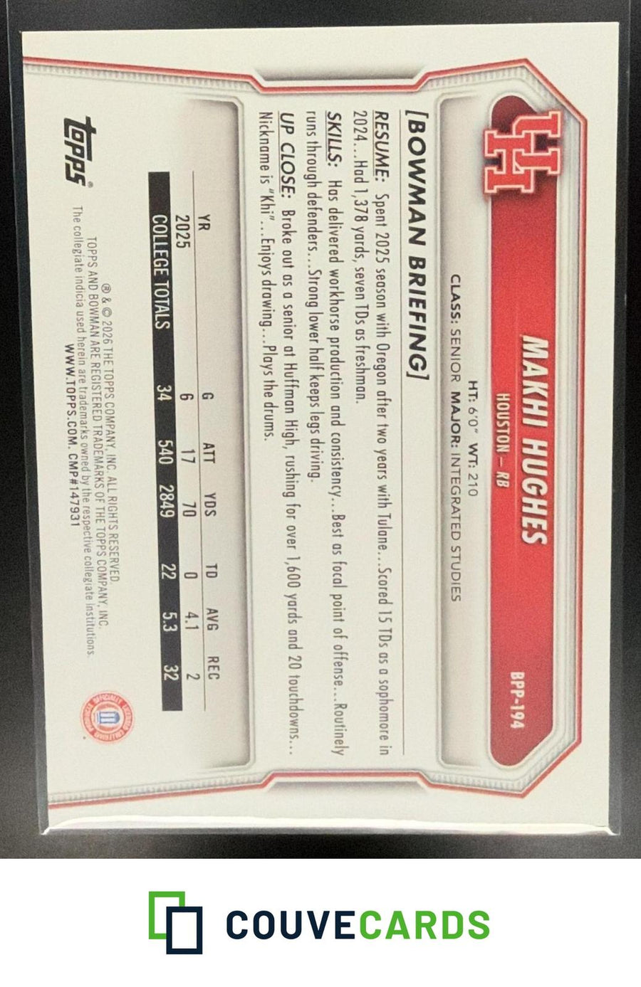 Makhi Hughes 2026 Bowman #BPP-194 Prospects Yellow