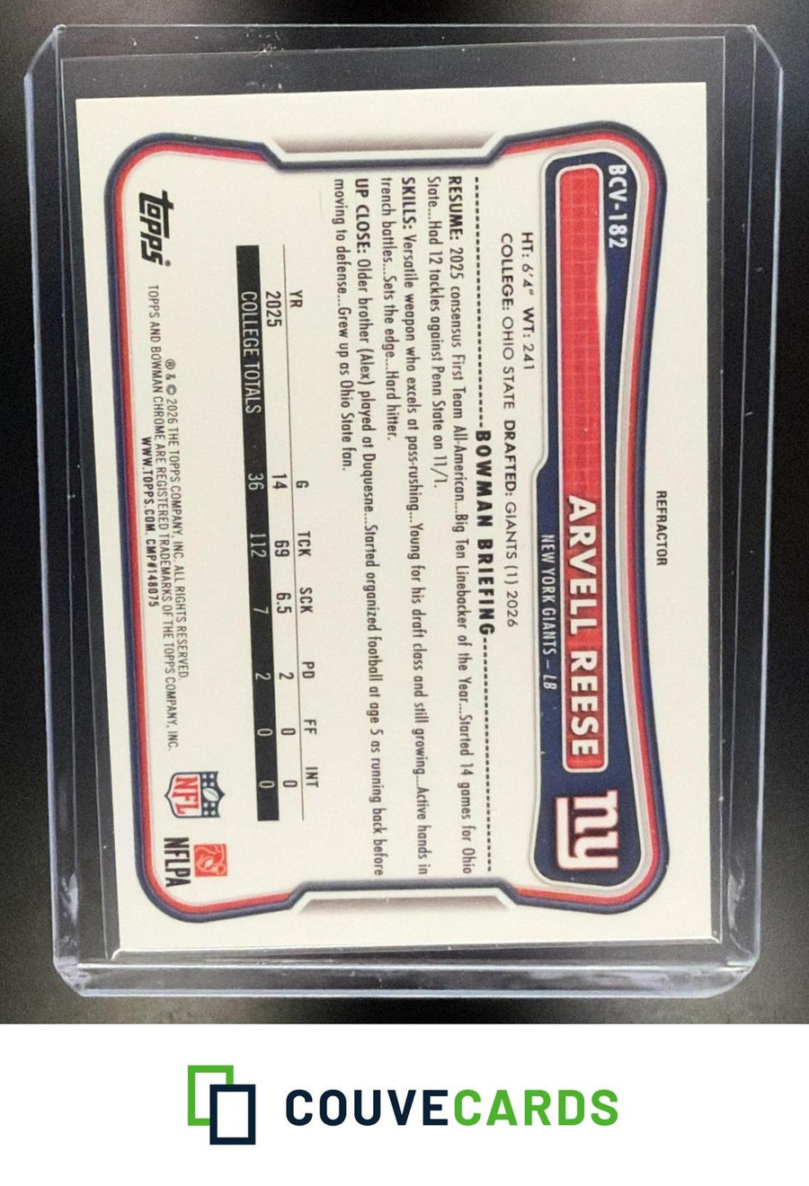 Arvell Reese 2026 Bowman #BCV-182 Chrome Refractor