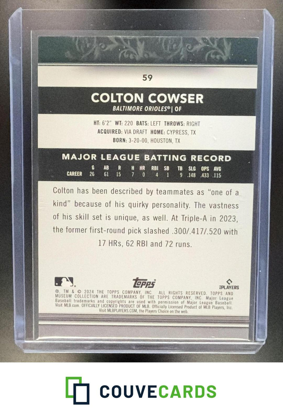 Colton Cowser 2024 Topps Museum Collection #59 Gold
