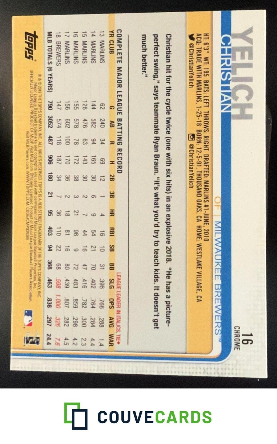 Christian Yelich 2019 Topps Chrome #16 Prism Refractor