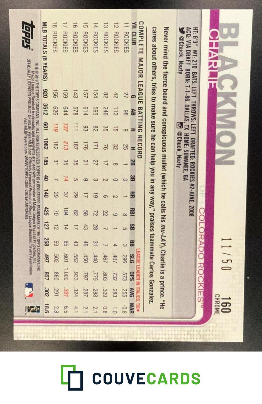 Charlie Blackmon 2019 Topps #16 Mother's Day Pink