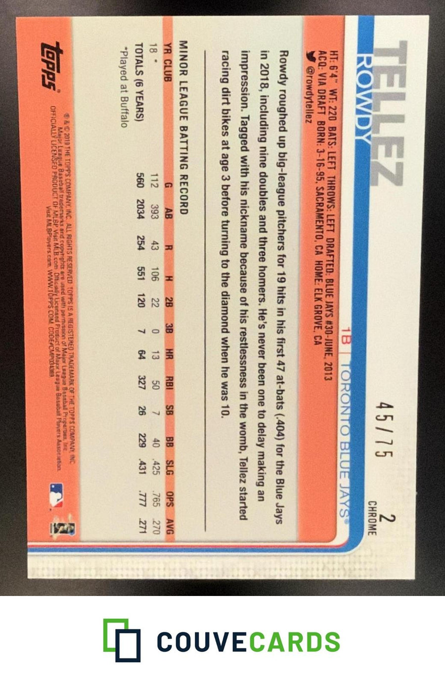 Rowdy Tellez 2019 Topps Chrome #2 Blue /75 RC