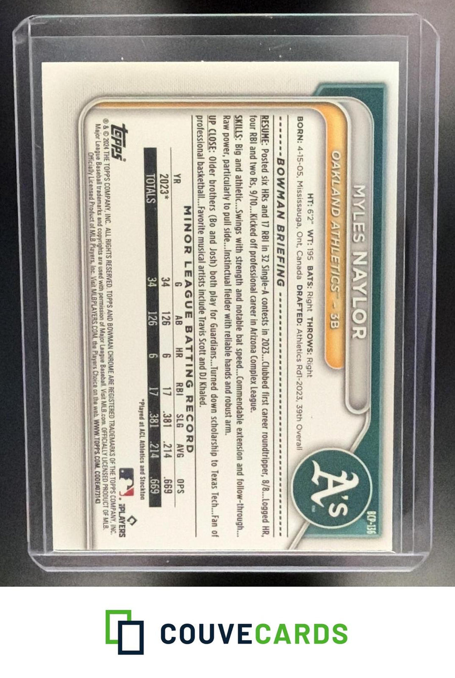 Myles Naylor 2024 Bowman #BCP-136 Chrome Prospects Aqua Lunar Refractor