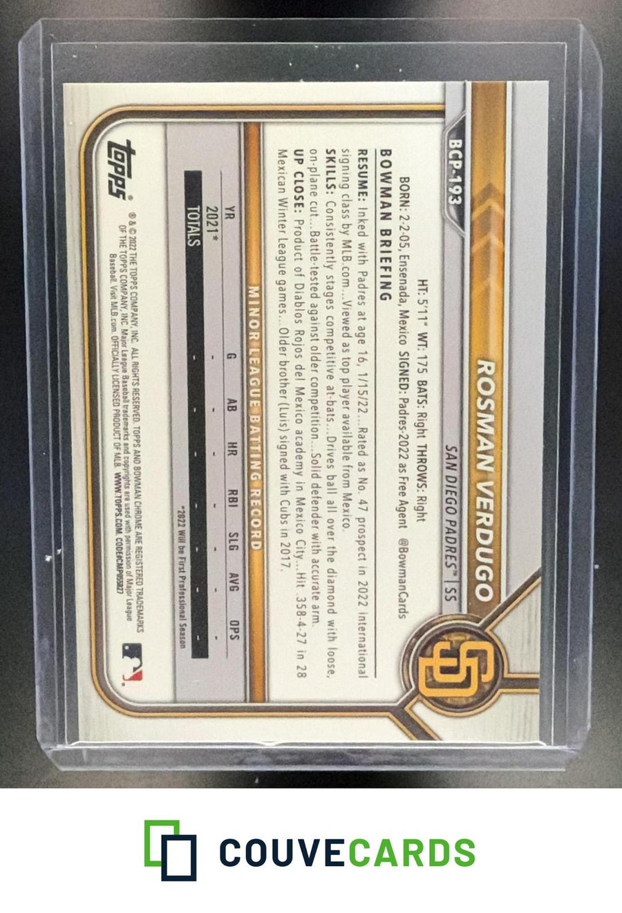 Rosman Verdugo 2022 Bowman Chrome #BCP-193 Prospects