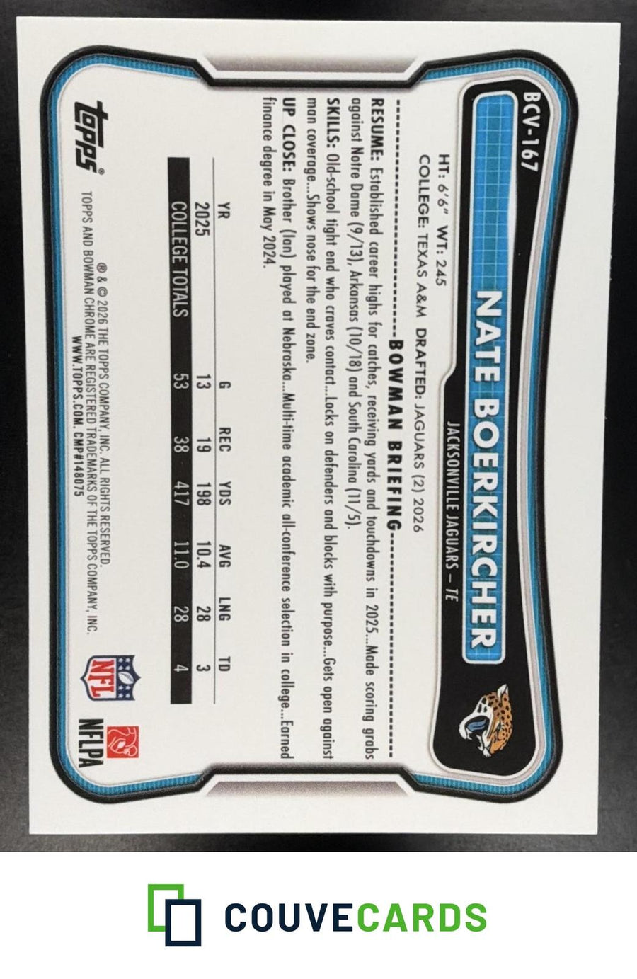 Nate Boerkircher 2026 Bowman #BCV-167 Chrome Mojo Refractor