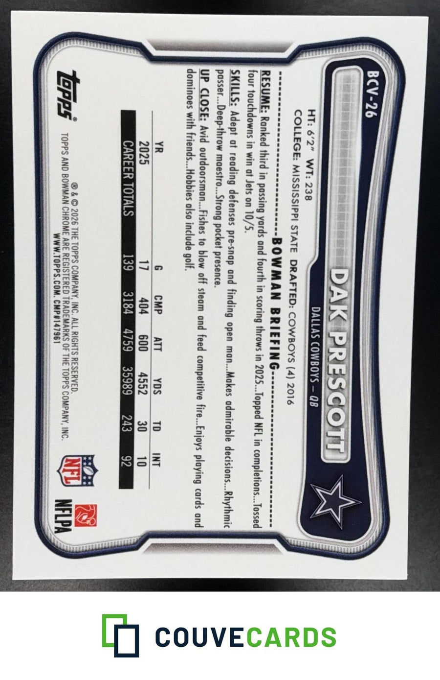 Dak Prescott 2026 Bowman #BCV-26 Chrome Mojo Refractor