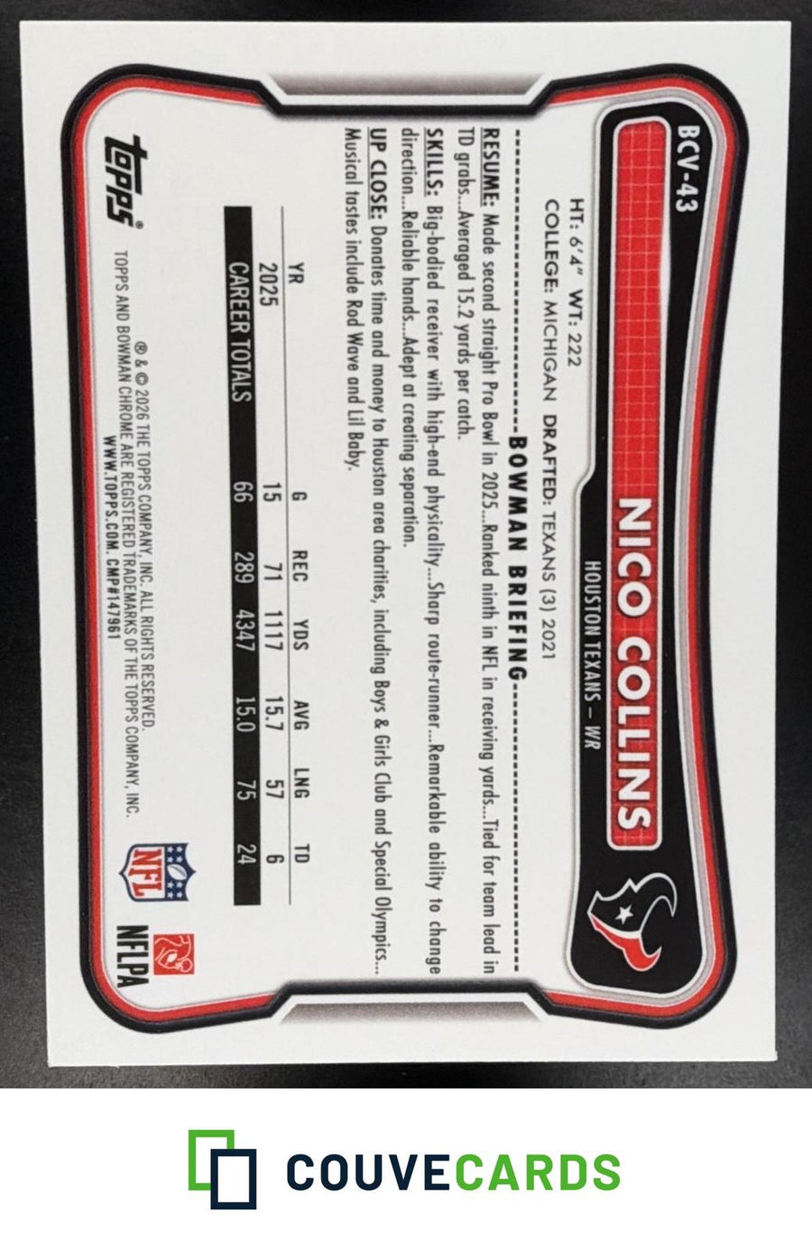 Nico Collins 2026 Bowman #BCV-43 Chrome Mojo Refractor