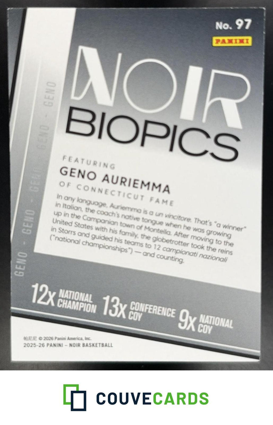 Geno Auriemma 2025-2026 Panini Noir #97 Noir Biopics