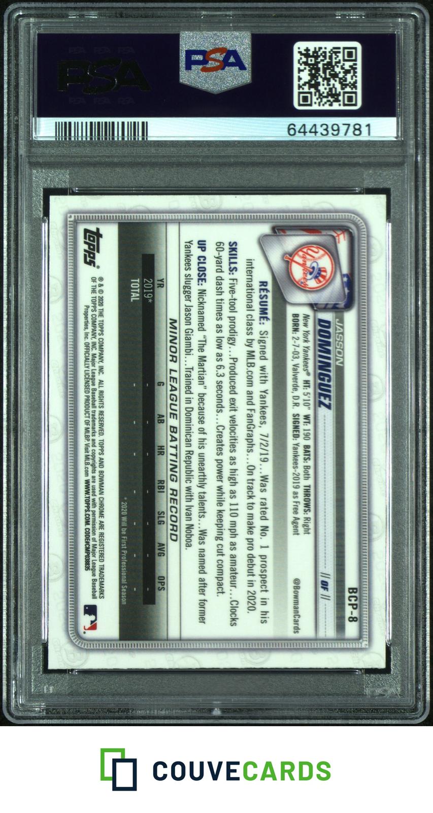 Jasson Dominguez 2020 Bowman #BCP-8 Chrome Prospects Mojo Refractor PSA 10