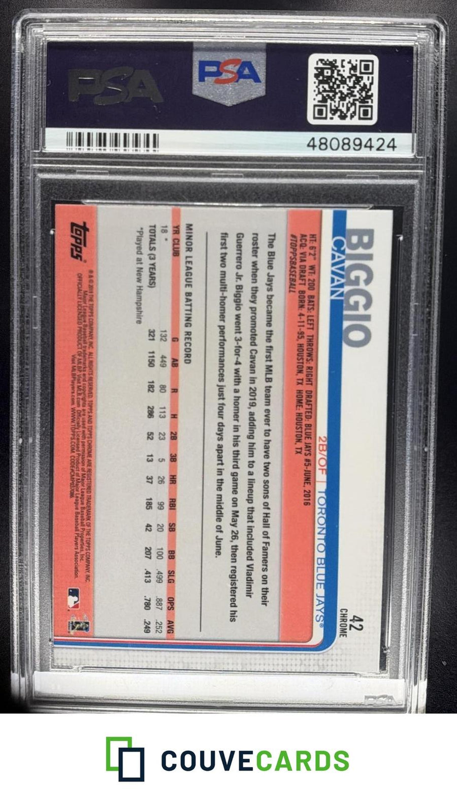 Cavan Biggio 2019 Topps Chrome Update #42 Update PSA 10