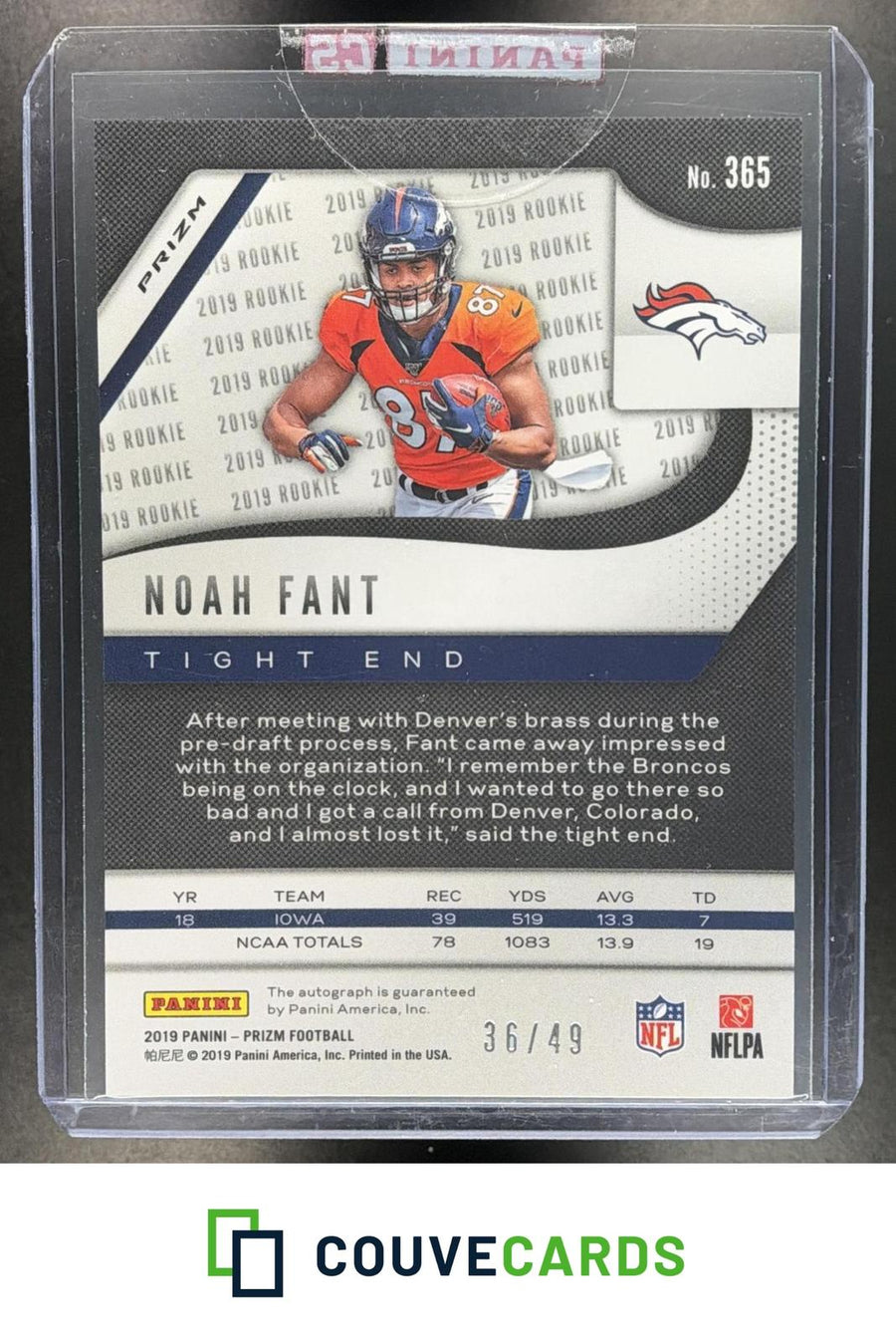 Noah Fant 2019 Panini Prizm #365 Rookie Autographs Prizm Purple Power RC AU